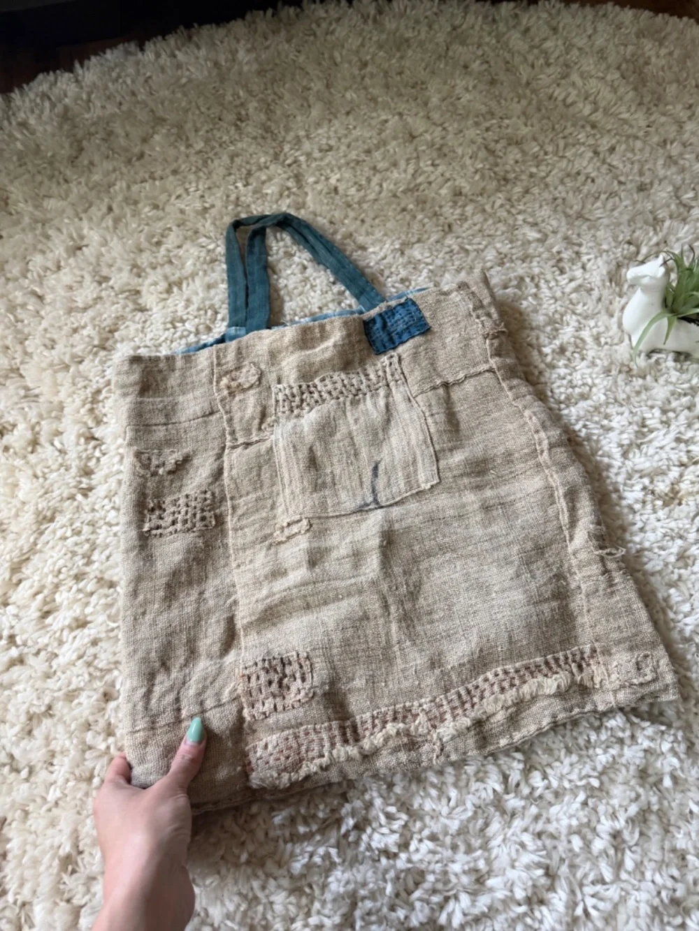 Casual Natural Beige Burlap Tote with Teal Handles trending potato vintage bag b